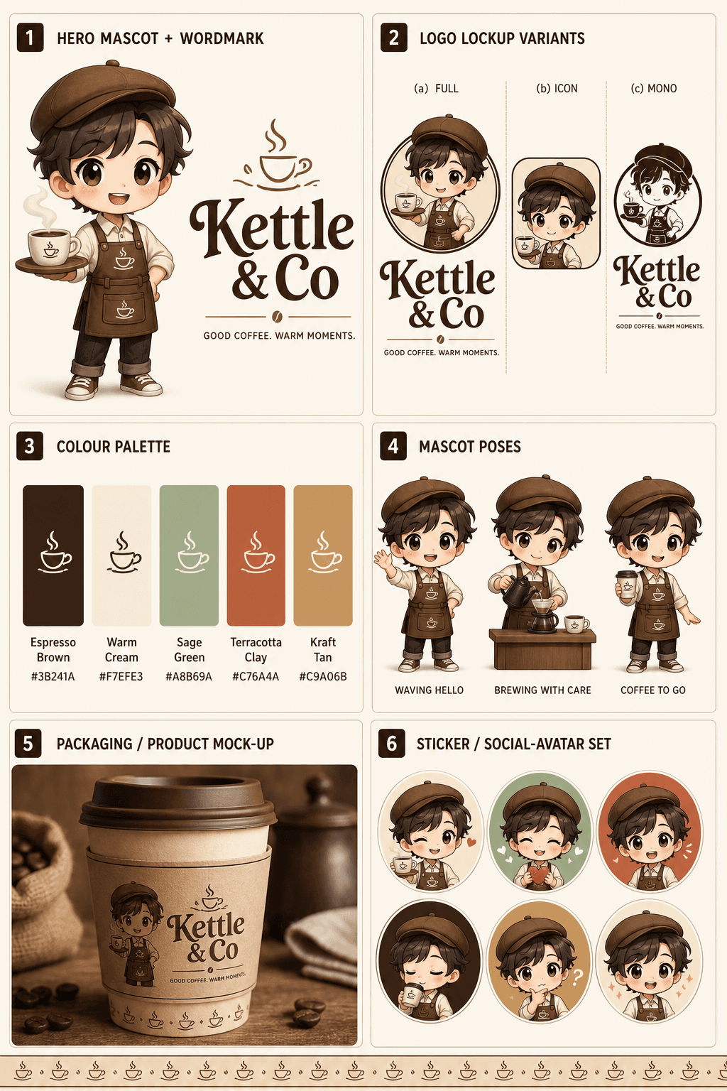 Brand mascot identity board — Kettle & Co, coffee shop, human-chibi mascot