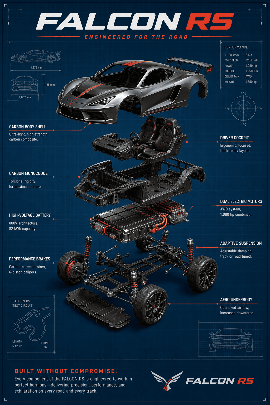 Exploded product diagram — Falcon RS sports car on blueprint-blue background