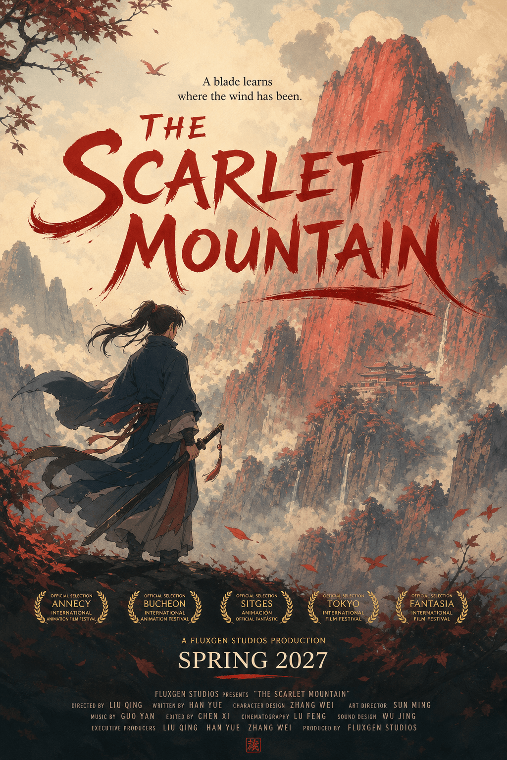 Fictional movie poster — The Scarlet Mountain, wuxia in Studio-Ghibli era