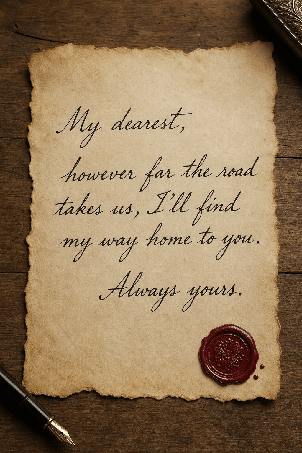 Aged parchment, black fountain pen, wax seal — love note
