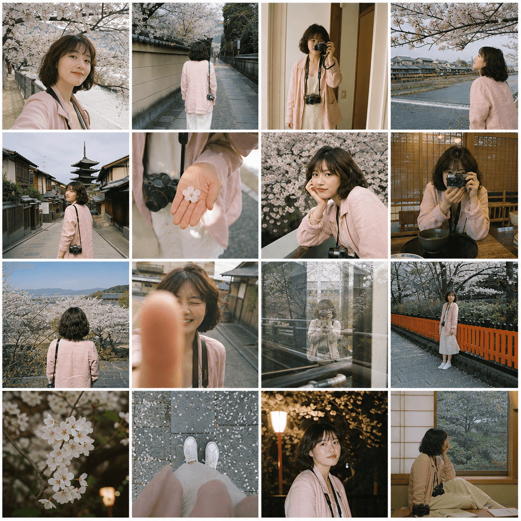 Nostalgic photo grid — solo Kyoto cherry-blossom trip, present-day film