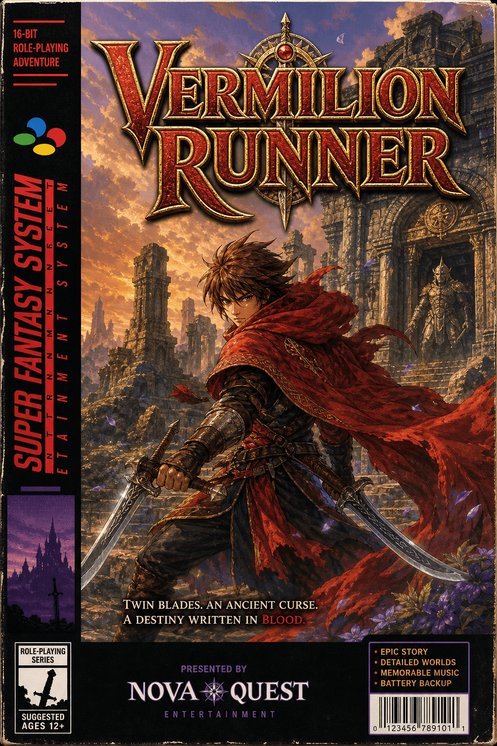Retro pixel game cover — Vermilion Runner, SNES era, JRPG, US box art